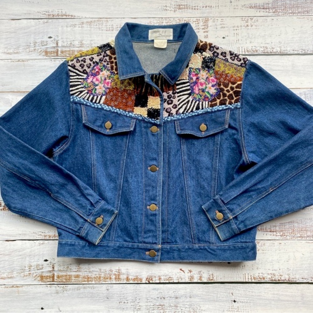 Vintage 80s 90s Beaded Jean Jacket KK 88 Designs Blue Denim Oversized Womens M